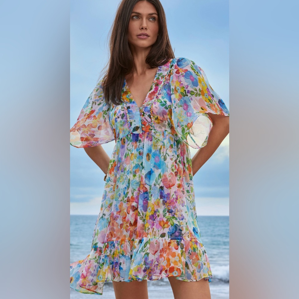 Johnny Was Floral Silk with Slip Mini Dress, M. NWT.